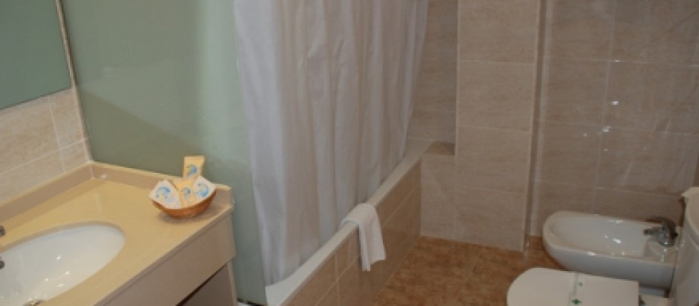 Cuarto de baño con bañera, mesa de trabajo, televisión, armario, mueble porta equipaje, aire acondicionado, calefacción, wifi y caja de seguridad.
